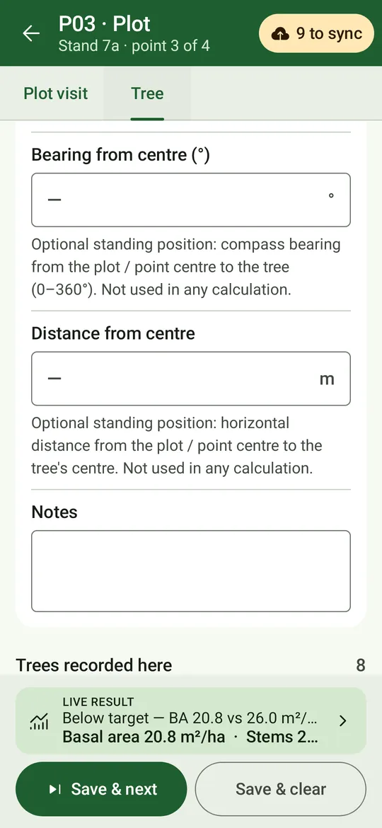 The trees recorded at this plot, each with its sync state and edit and delete icons.