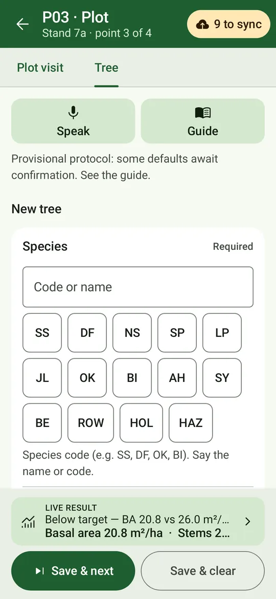 Recording a tree at P03: Plot visit and Tree tabs, Speak and Guide, species quick-picks, the live result strip and Save & next.