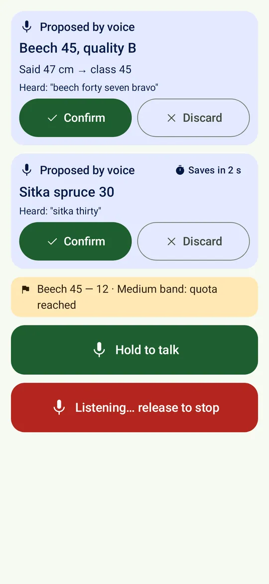 A spoken tree shown as a proposal with Confirm and Discard, and a quota alert for a size band.