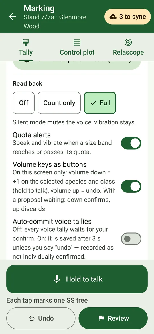 The Eyes-free settings at the foot of the tally: voice and language with the speech-model download, read-back level, quota alerts, volume keys and auto-commit.
