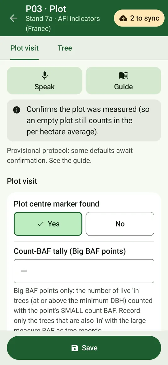 The AFI plot-visit form on the phone: plot centre marker found, and the count-BAF tally for Big BAF points.