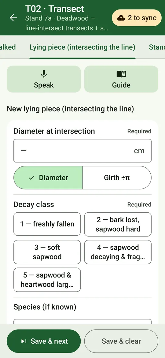 A lying piece: diameter at the intersection (diameter or girth), decay class 1 to 5 and species if known.