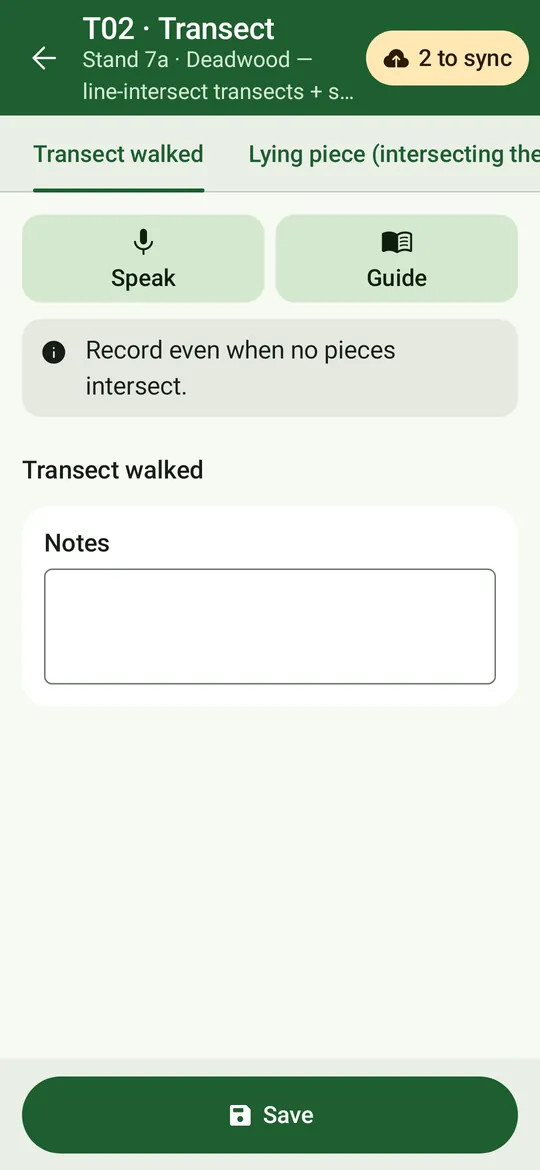 A deadwood transect: notes, with tabs for lying pieces and snags.