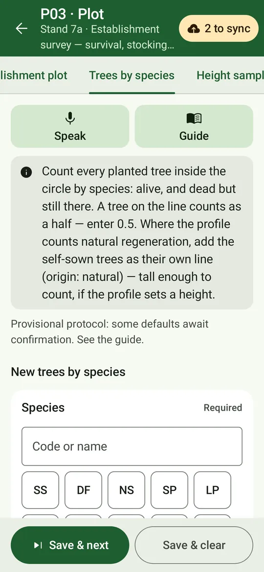 The trees-by-species form: count planted trees alive and dead by species, a tree on the line as 0.5, with species quick-picks.