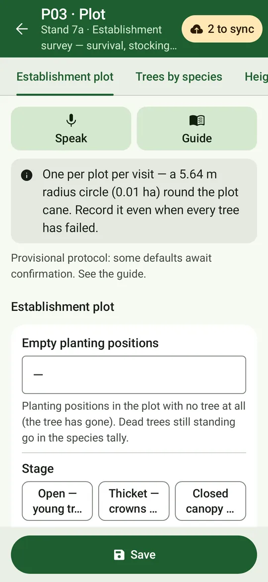 The establishment-plot form: one per plot per visit on a 5.64 m circle, empty planting positions and the stage.