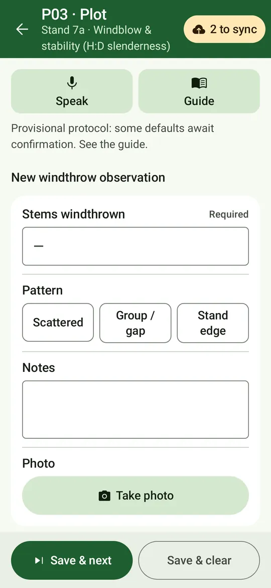 The windthrow observation form: stems windthrown, the pattern (scattered, group or gap, stand edge), notes and a photo.