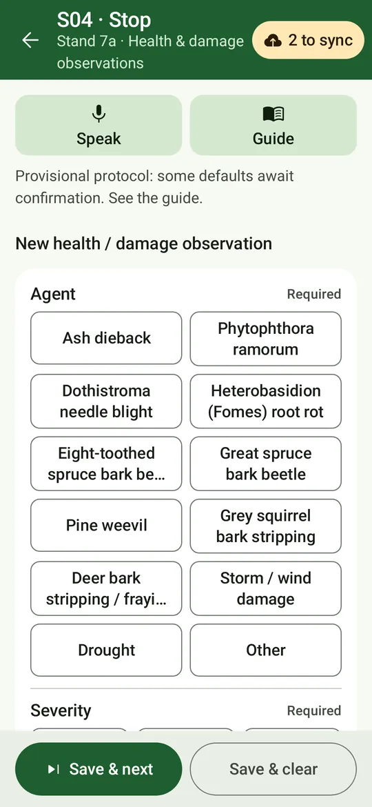 Das Formular für Gesundheitsbeobachtungen: Chips für Schadursachen (Eschentriebsterben, Phytophthora ramorum, Dothistroma-Nadelbräune, Heterobasidion-Wurzelfäule, Buchdrucker, Riesenbastkäfer, Großer Brauner Rüsselkäfer, Schäle durch Grauhörnchen, Schäle durch Rotwild, Sturmschaden, Trockenheit, Sonstiges) und Schweregrad.
