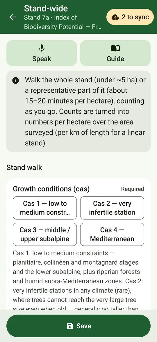 IBP FR v3.2 stand-walk form: walk the whole stand, then growth conditions (cas 1 to 4) and the factor tallies.