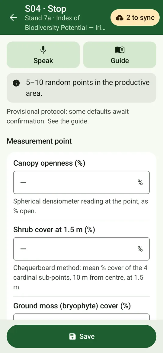 The Irish CCF protocol’s measurement-point form: canopy openness from a densiometer and shrub cover at 1.5 m.
