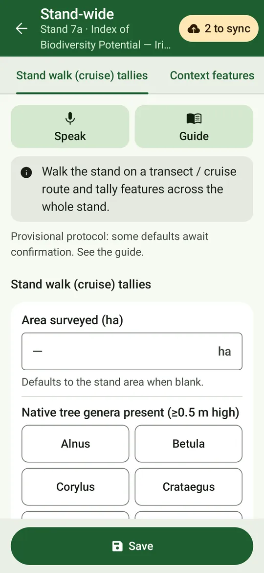 The Irish CCF protocol’s stand-walk form: area surveyed and the native tree genera present, with tabs for the cruise tallies and context features.