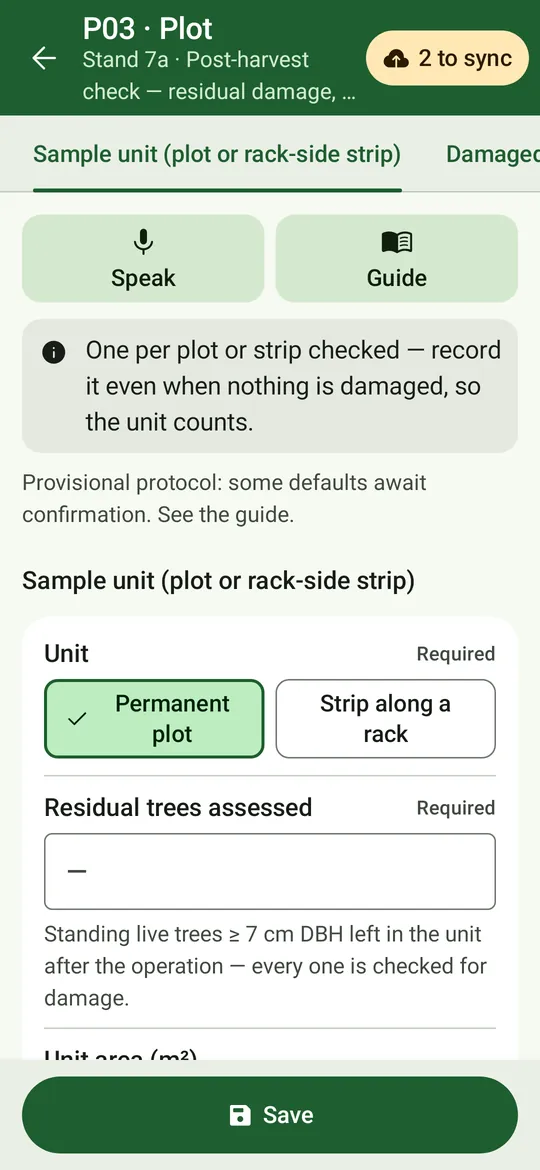 A post-harvest sample unit: permanent plot or strip along a rack, and the residual trees assessed.