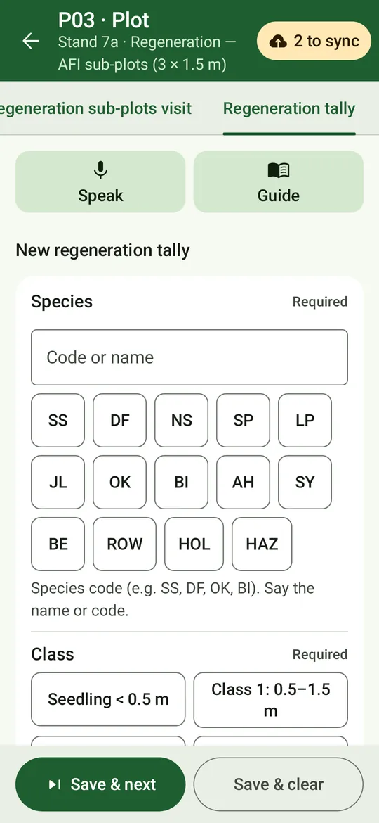The AFI regeneration tally: species and class from seedling under 0.5 m.