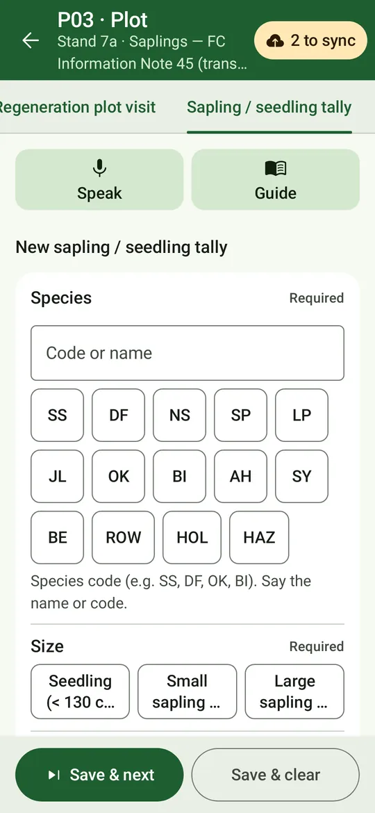 The FC Information Note 45 tally: species and size — seedling, small or large sapling.