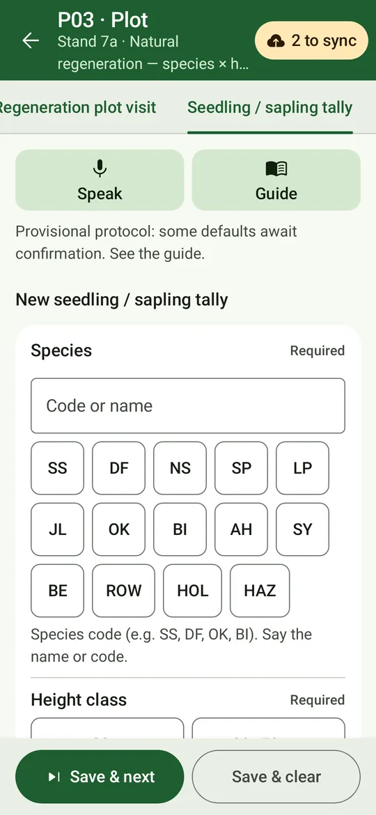 The seedling and sapling tally: species quick-picks and height class.