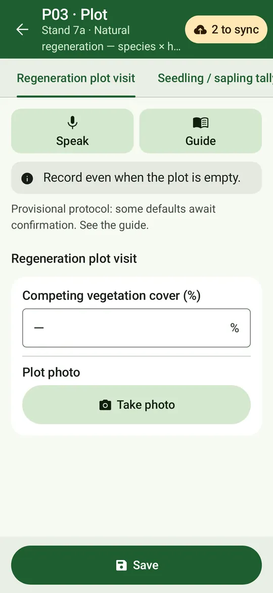 The regeneration plot form: competing vegetation cover and a plot photo.