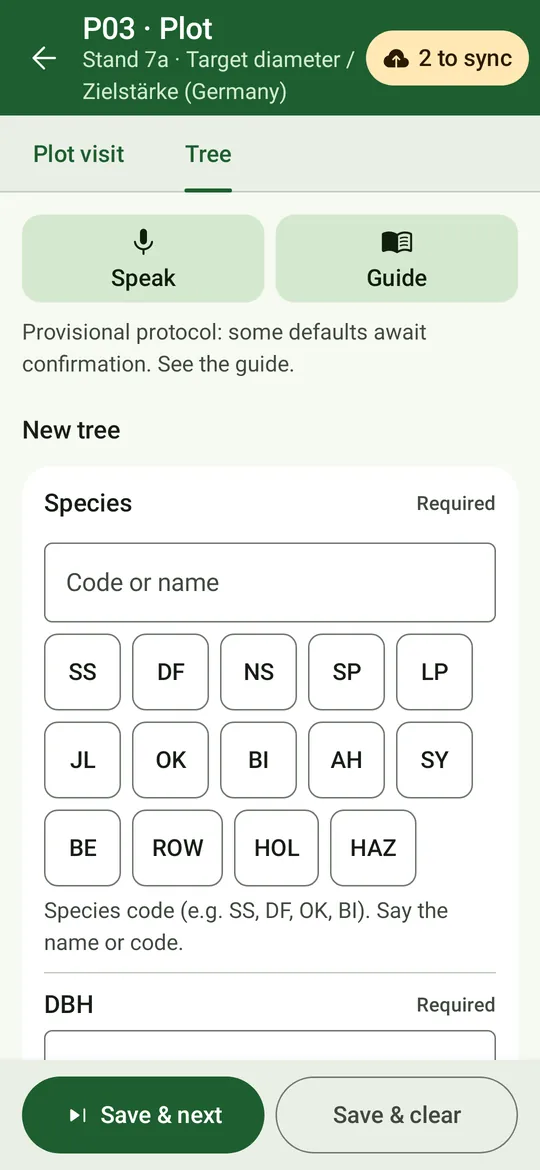 The target-diameter tree form on the phone: species and DBH.