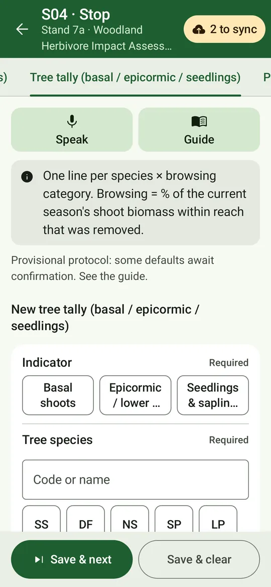 The WHIA tree tally: one line per species and browsing category, for basal shoots, epicormic shoots or seedlings and saplings.