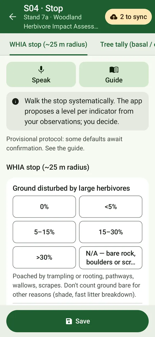 A WHIA stop form: ground disturbed by large herbivores as percentage classes, with pathways, wallows and scrapes below.