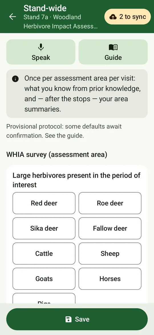 The WHIA area survey form: large herbivores present (red, roe, sika and fallow deer, cattle, sheep, goats, horses, pigs).