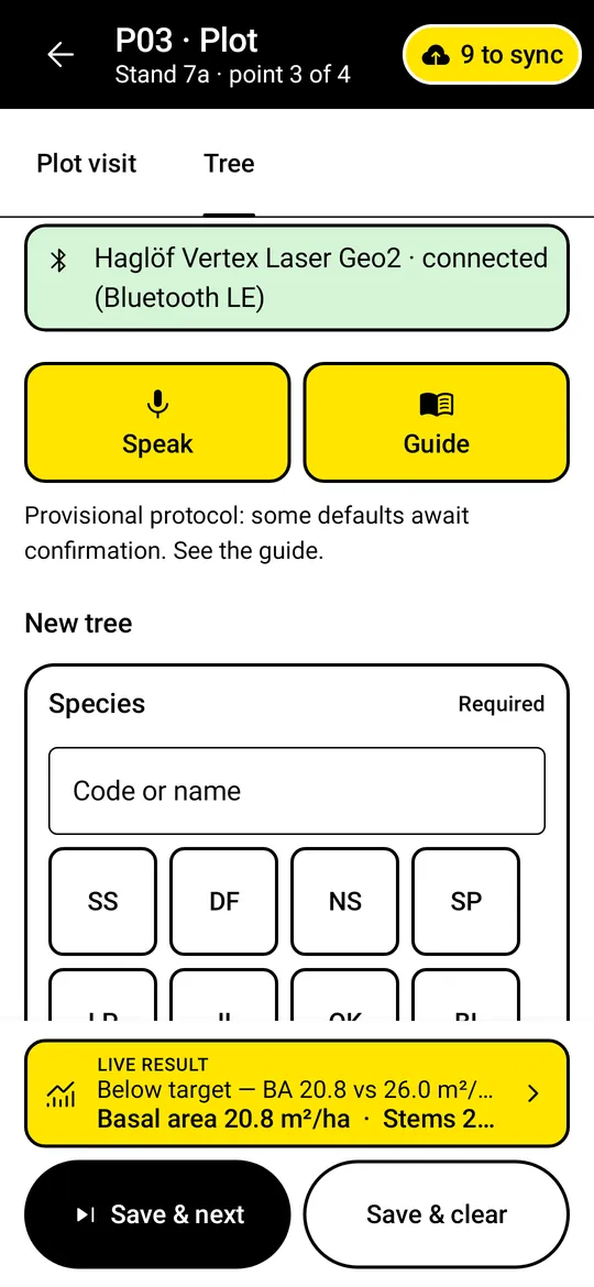 The capture screen in glove mode with the instrument connected.