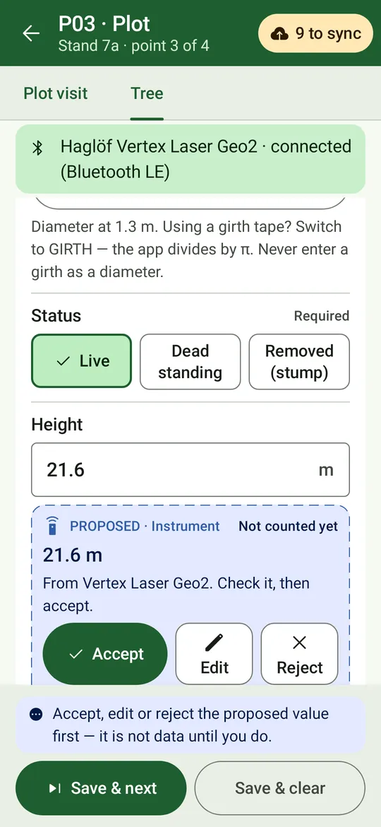 A height of 21.6 m from the Vertex arriving as a proposal in the Height field, with Accept, Edit and Reject, and the note that it is not data until you do.