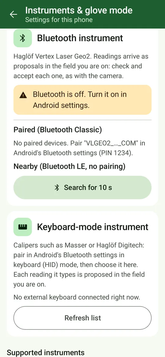 Bluetooth instruments: the Vertex Laser Geo2 over Bluetooth, paired and nearby devices with Search for 10 s, and keyboard-mode calipers.