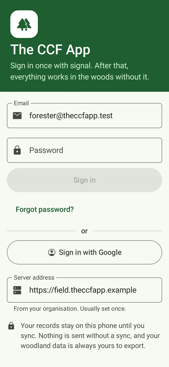 The field app sign-in: email and password, Sign in with Google, the server address set once, and a note that records stay on the phone until you sync.