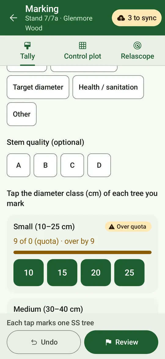 Marking bands: an optional reason, then a card per size band with marked against quota, a fill bar (amber when over) and big diameter-class buttons.