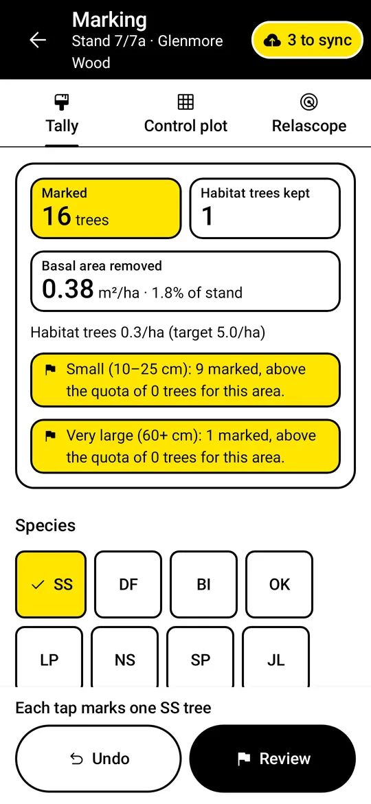 Marking in glove mode: black on white, larger targets.