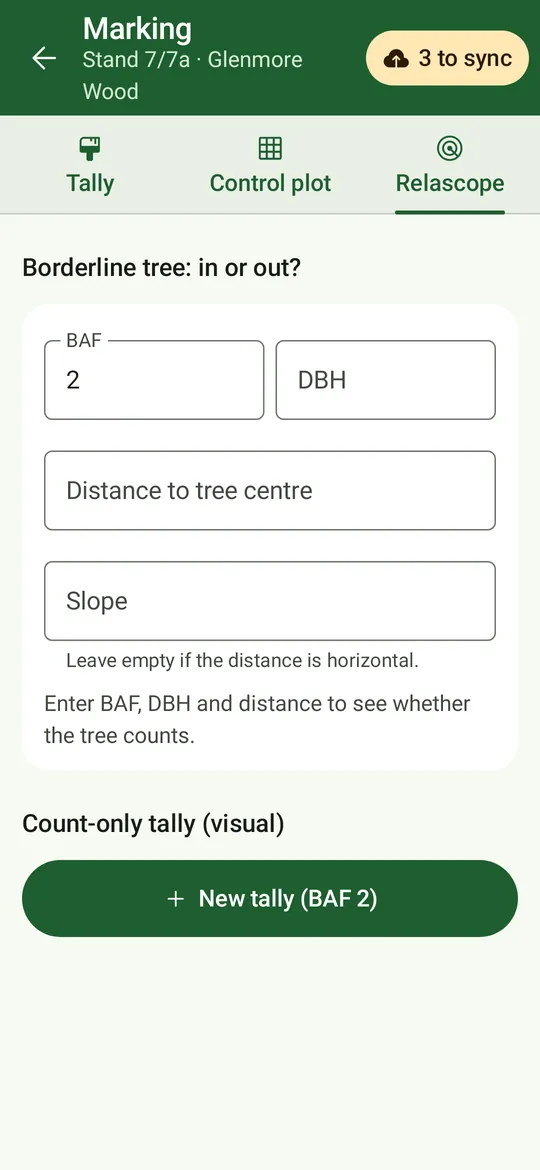The relascope tab: a borderline-tree check from BAF, DBH and distance, and a count-only tally.