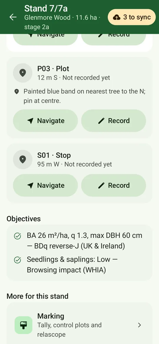 Further down the stand screen: plots and points, the stand's objectives, and Marking and Visit & time log.