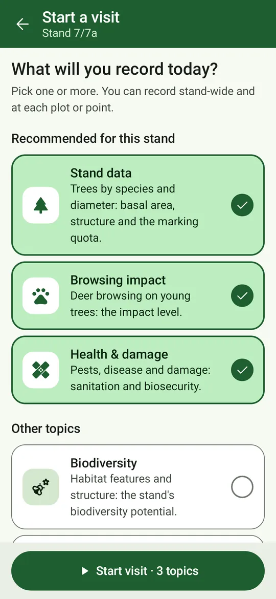 What will you record today? Topic tiles with the ones recommended for this stand ticked first, other topics below, and Start visit · 3 topics.