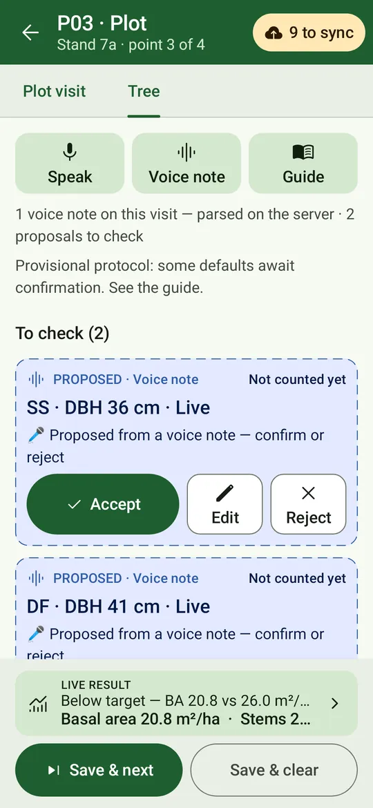 Voice-note proposals on the capture screen: blue dashed cards marked PROPOSED · Voice note, Not counted yet, with Accept, Edit and Reject.