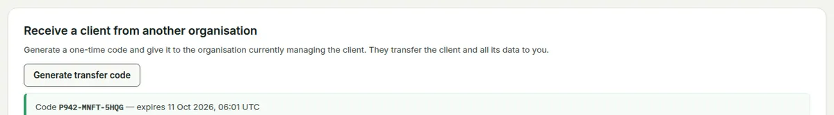 Receive a client from another organisation: a Generate transfer code button and a one-time code with its expiry.