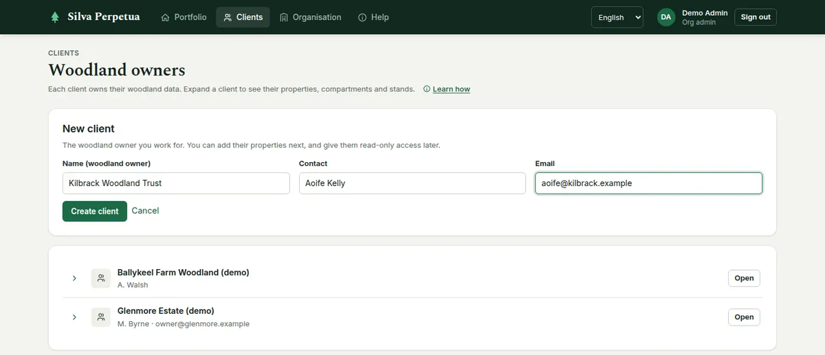 The Clients page with the New client form open: name, contact and email of the woodland owner.
