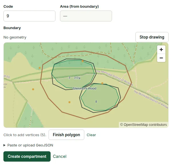 The New compartment form: a code, the area from its boundary, and a map to draw the boundary with the property outline for context.
