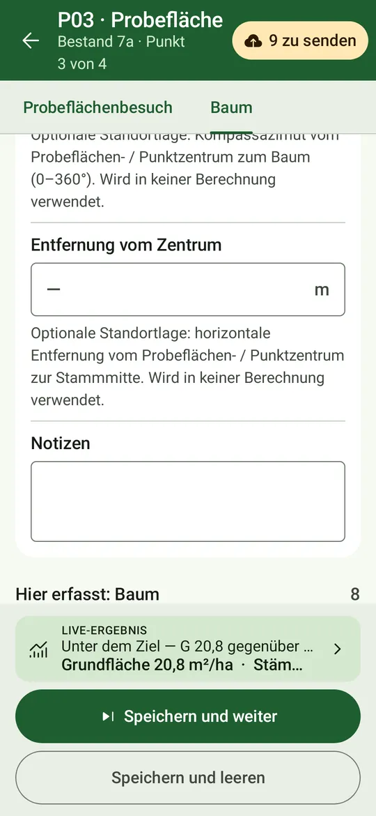 Die auf dieser Probefläche aufgenommenen Bäume, jeweils mit Sync-Status und Symbolen zum Bearbeiten und Löschen.