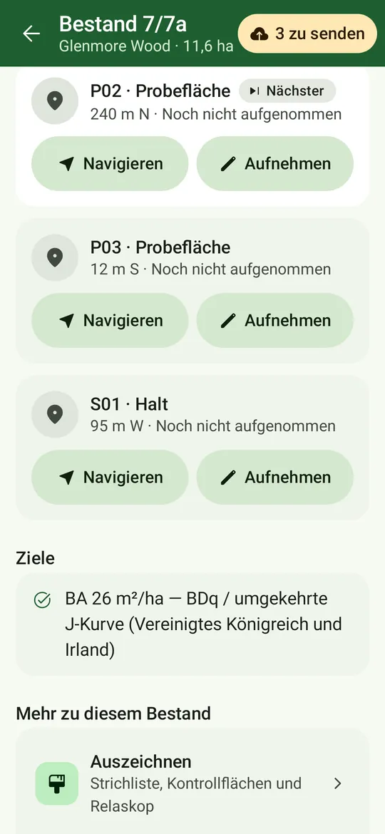 Weiter unten auf der Bestandesseite: Probeflächen und Punkte, die Ziele des Bestands sowie Auszeichnen und das Besuchs- und Zeitprotokoll.