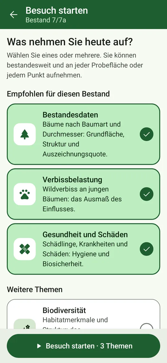 Was nehmen Sie heute auf? Themenkacheln, die für diesen Bestand empfohlenen zuerst angekreuzt, weitere Themen darunter, und „Besuch starten · 3 Themen“.