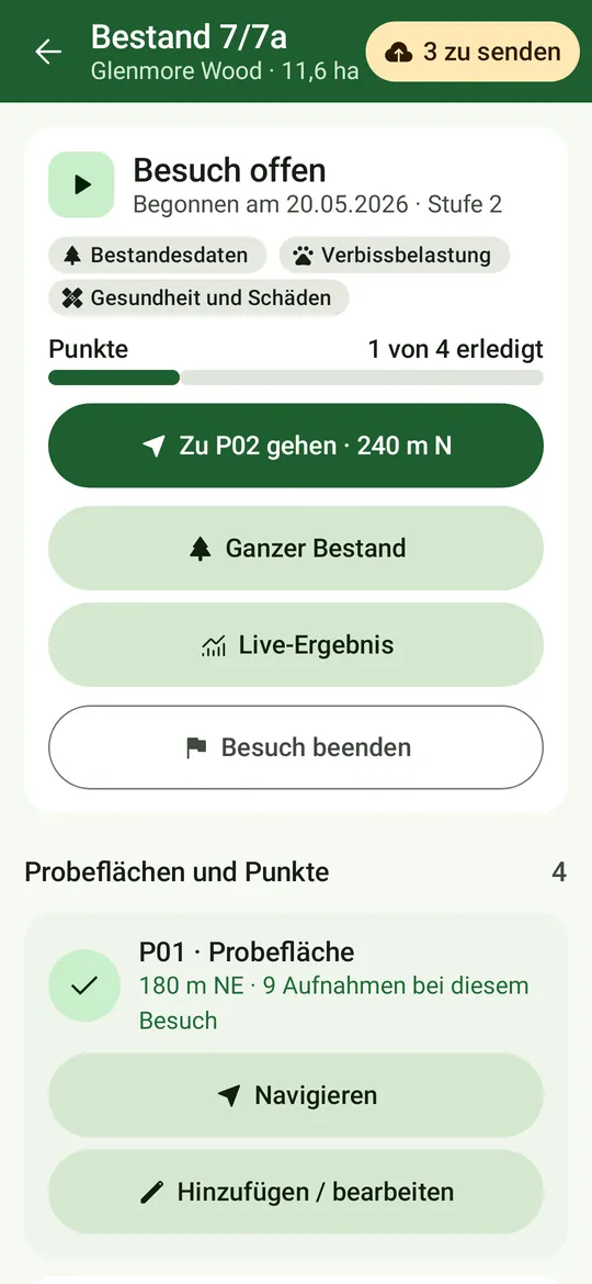 Ein laufender Besuch: seine Themen, 1 von 4 Punkten erledigt, „Zu P02 · 240 m N“, „Ganzer Bestand“ und „Live-Ergebnis“, „Besuch beenden“ und die Liste der Probeflächen.