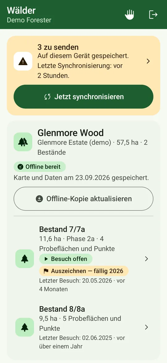 Die Waldliste: eine Sync-Karte mit 3 zu sendenden Änderungen und „Jetzt synchronisieren“, Glenmore Wood offline bereit mit „Offline-Kopie aktualisieren“, und Bestände mit „Besuch offen“, Fälligem und dem letzten Besuch.