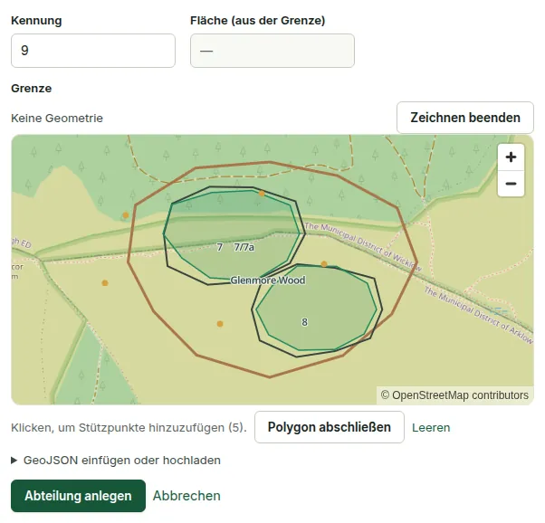Das Formular „Neue Abteilung“: eine Kennung, die Fläche aus ihrer Grenze und eine Karte zum Zeichnen der Grenze mit dem Betriebsumriss zur Orientierung.