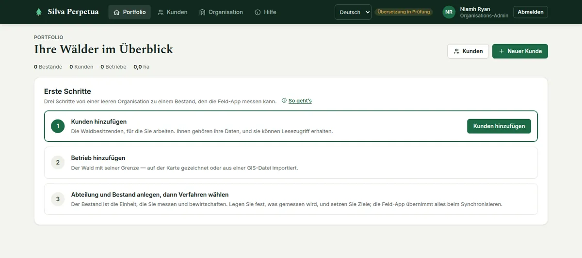 Eine ganz neue Organisation landet im Portfolio mit einer Checkliste „Erste Schritte“ in drei Schritten: Kunden anlegen, Betrieb anlegen, Bestand anlegen und Verfahren wählen.