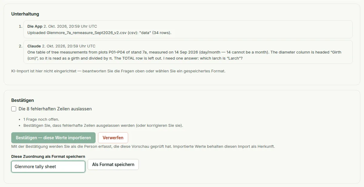 Das Ende einer Importprüfung: der Dialog für Änderungswünsche, „Bestätigen — diese Werte importieren“, „Verwerfen“ und „Diese Zuordnung als Format speichern“.