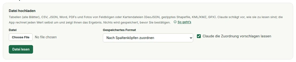 Alles importieren: eine Datei wählen, optional ein gespeichertes Format, „Claude die Zuordnung vorschlagen lassen“ ankreuzen, dann „Datei lesen“.