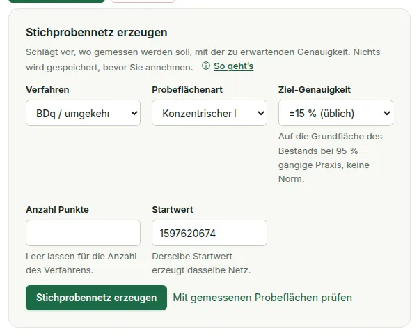 Das Feld „Stichprobennetz erzeugen“: Verfahren, Probeflächendesign, Zielgenauigkeit und Startwert, mit der Schaltfläche „Stichprobennetz erzeugen“.
