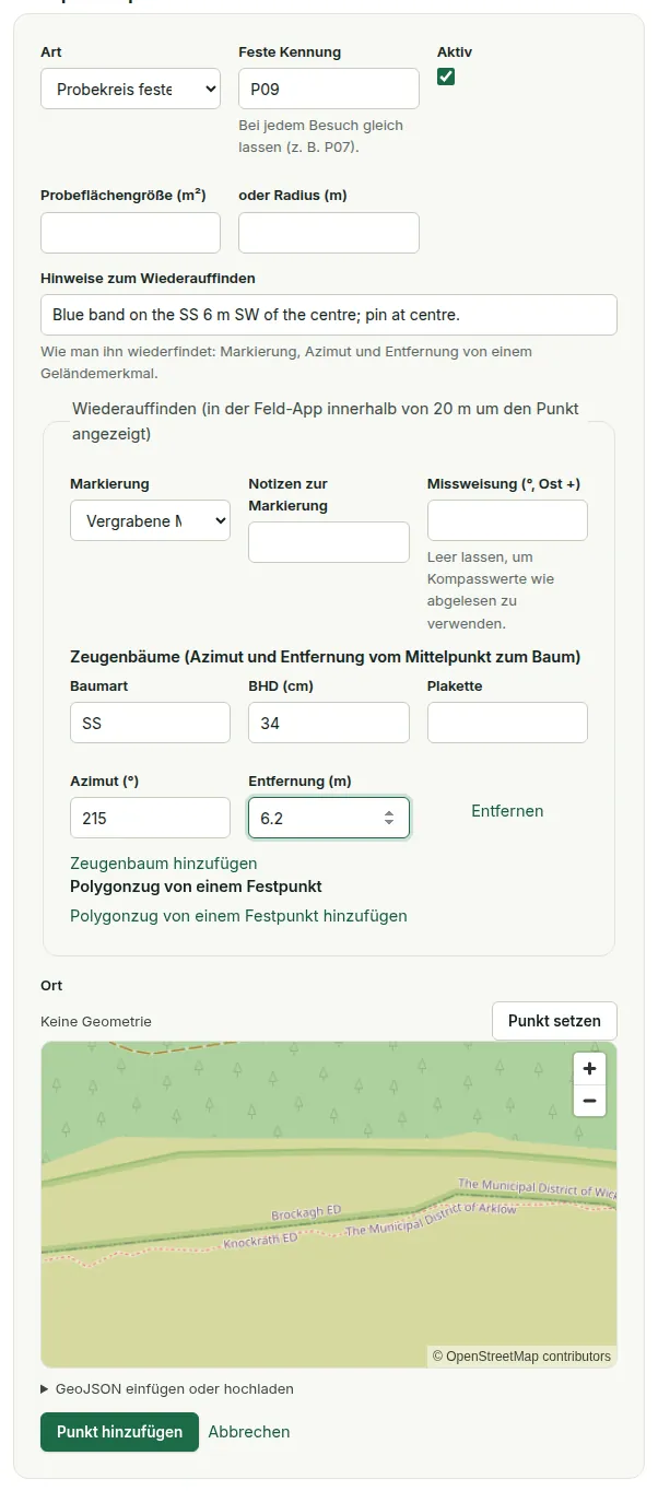 Einen Stichprobenpunkt hinzufügen: Art, feste Kennung, Probeflächengröße, Hinweise zum Wiederauffinden, das Feld zum Wiederauffinden mit Markierung, Zeugenbäumen und einem Polygonzug ab einem Anschlusspunkt, und der Punkt auf der Karte.