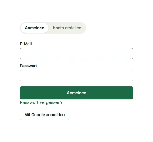 Anmeldung mit Google Identity Platform: Reiter Anmelden und Konto erstellen, Passwort vergessen und eine Schaltfläche Mit Google anmelden.