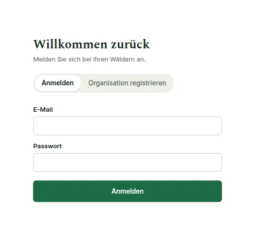 Das Anmeldeformular „Willkommen zurück“ mit den Reitern Anmelden und Organisation registrieren, E-Mail, Passwort und der Schaltfläche Anmelden.