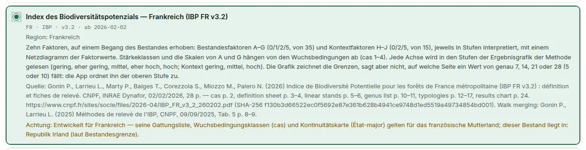 Ein für eine andere Region entwickeltes Biodiversitätsverfahren, für einen irischen Bestand gewählt: Darunter erscheint ein Hinweis, und „Verfahrensauswahl speichern“ wird aktiv.